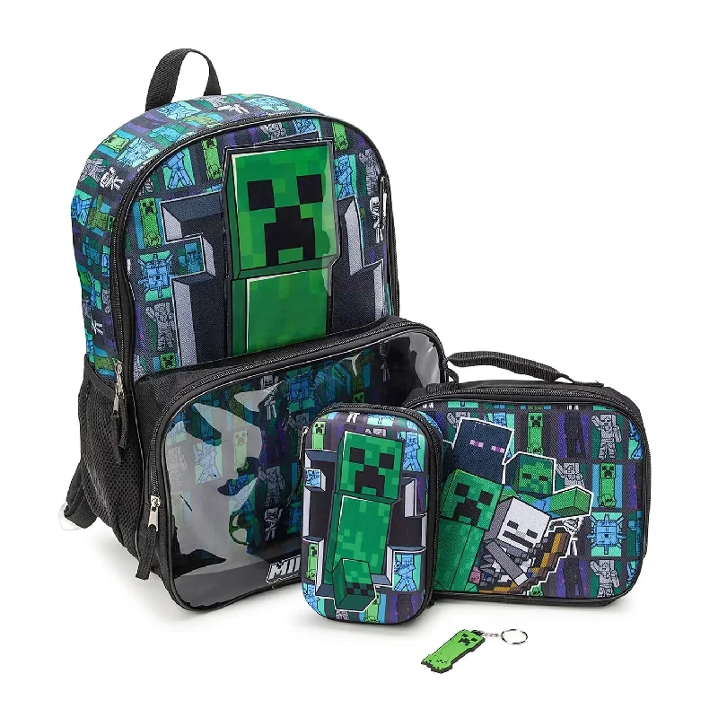 Minecraft Creeper Backpack Set With Clear Pocket Lunch Box Keychain 4 Piece Set - One Size Fits Most