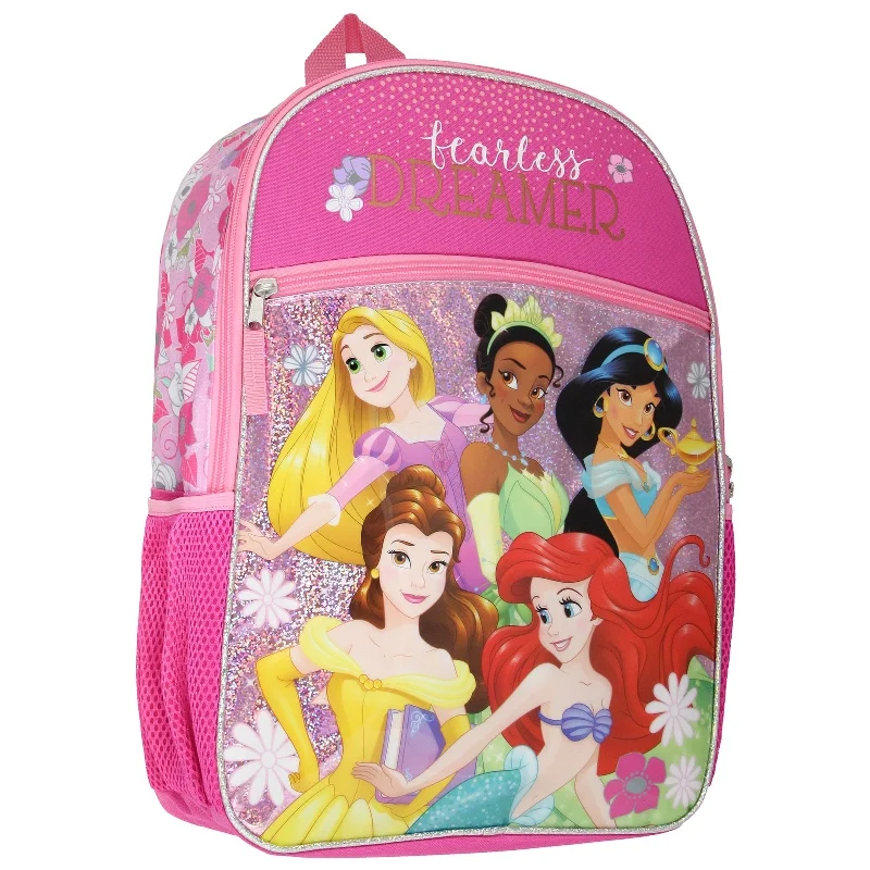 Disney Princess Fearless Dreamer Rapunzel Jasmine Belle Ariel Tiana Pink 16" School Travel Backpack - One Size