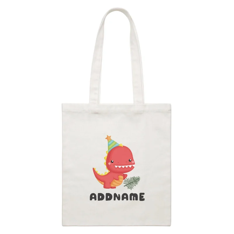 Birthday Dinosaur Happy Red Rex Wearing Party Hat Addname White Canvas Bag