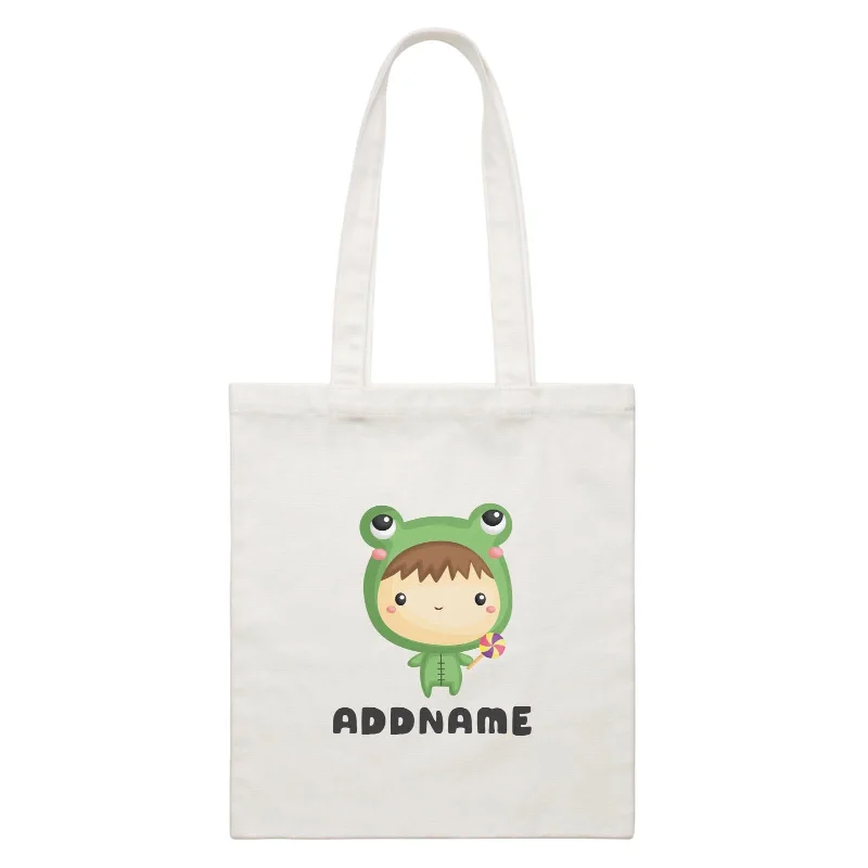 Birthday Frog Baby Boy Wearing Frog Suit Holding Lolipop Addname White Canvas Bag