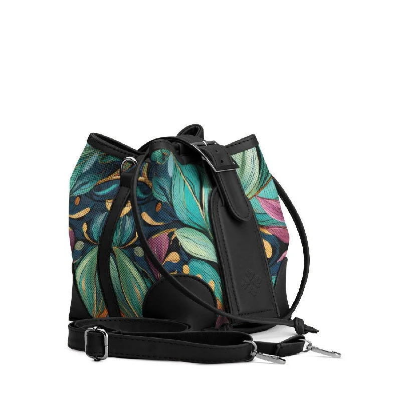 Women's Printed Bucket Bag in Floral Patterns for a Spring - Themed Day at the ParkBlack Bucket Bags Leaf