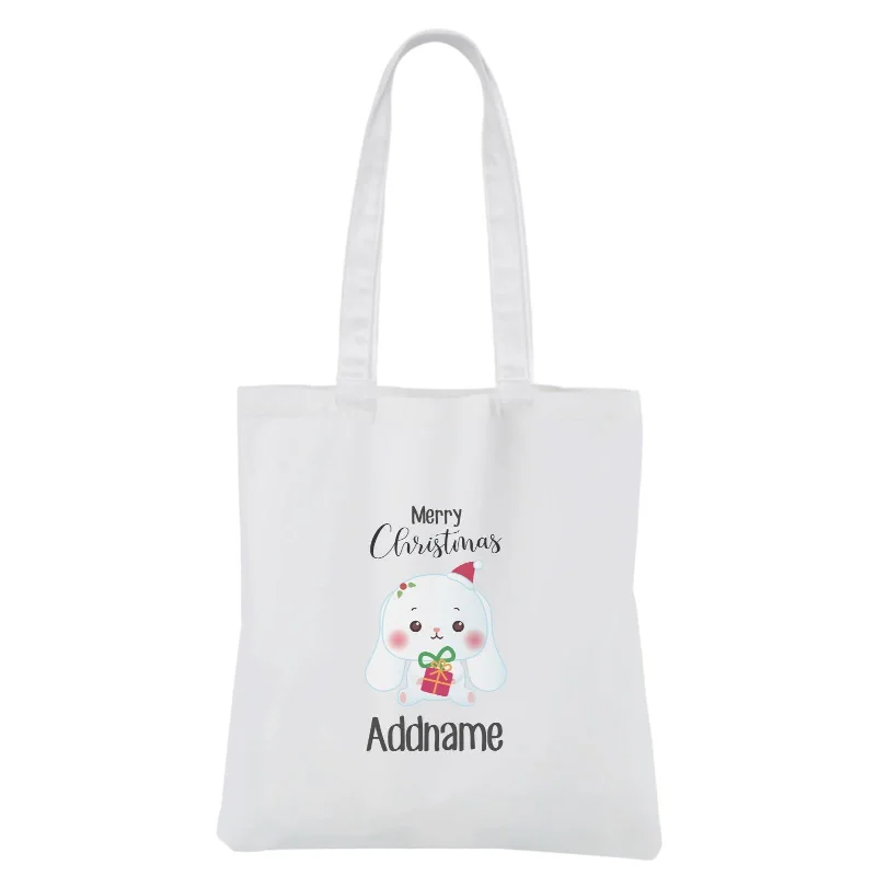 Christmas Cute Animal Series Rabbit Merry Christmas White Canvas Bag