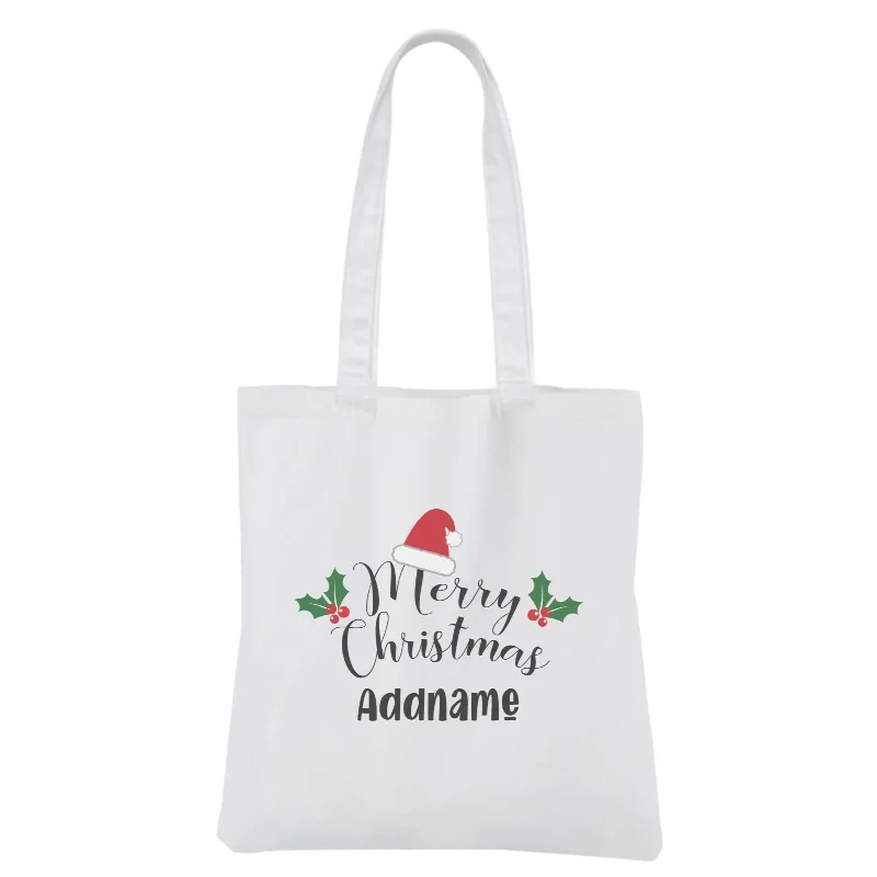 Christmas Series Merry Christmas with Santa Hat and Holly White Canvas Bag