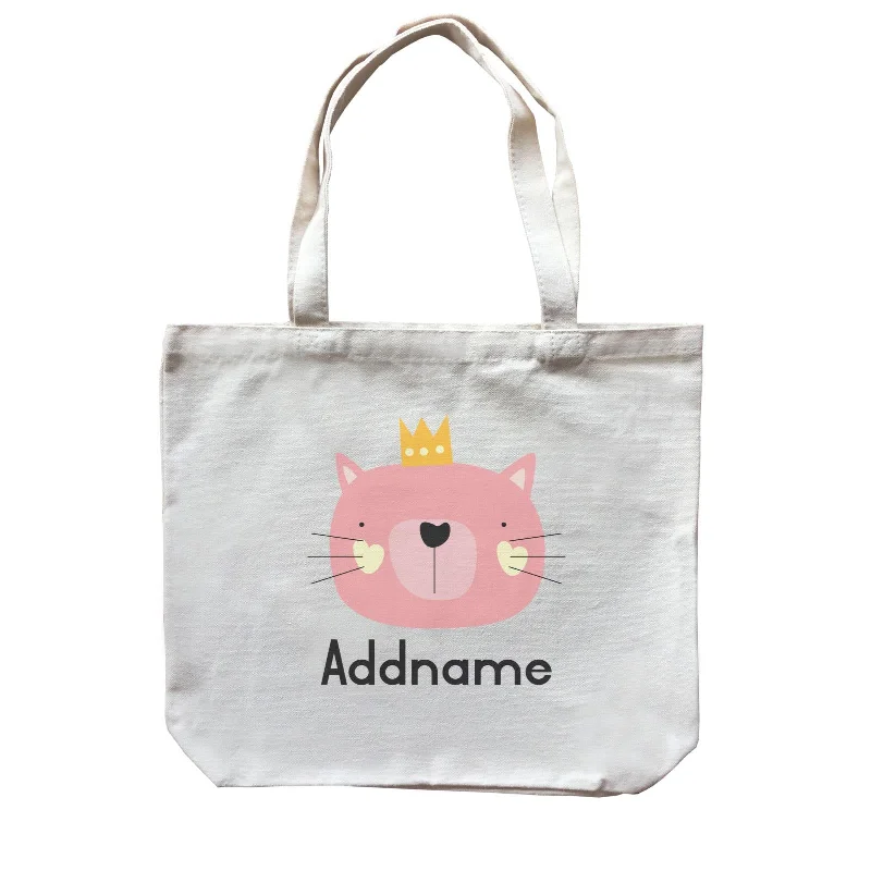 Crown Animal Pink Cat with Heart Blush and Whiskers Addname Canvas Bag