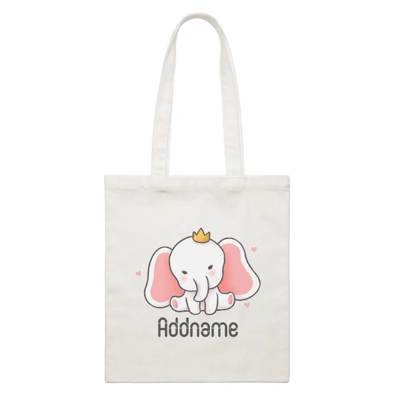 Cute Hand Drawn Style Baby Elephant with Crown Addname White Canvas Bag