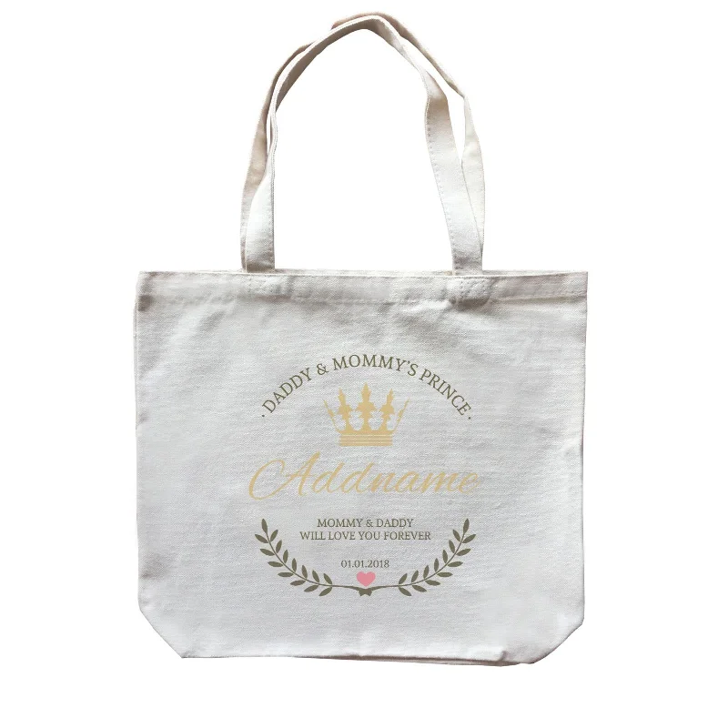 Daddy and Mommy's Prince with Crown Wreath Personalizable with Name Text and Date Canvas Bag