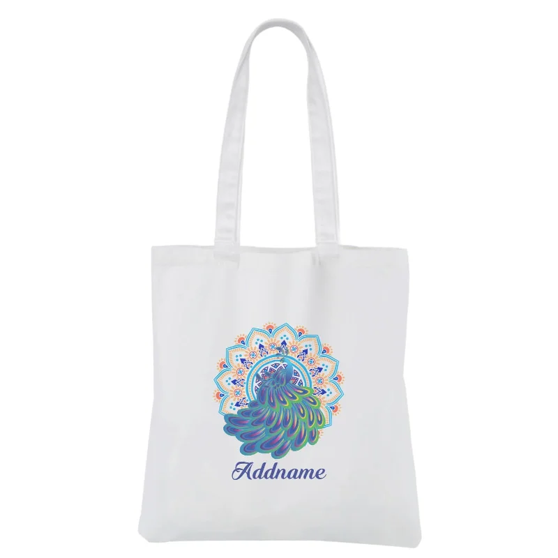 Deepavali Series Virtue Peacock with Sky Blue Mandala White Canvas Bag