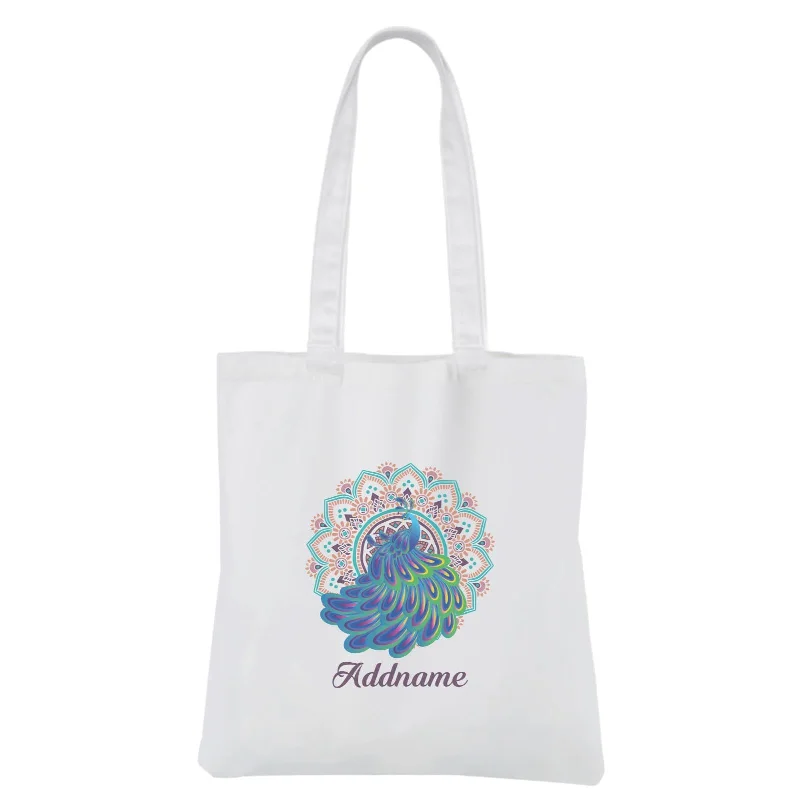 Deepavali Series Virtue Peacock with Turquoise Mandala White Canvas Bag