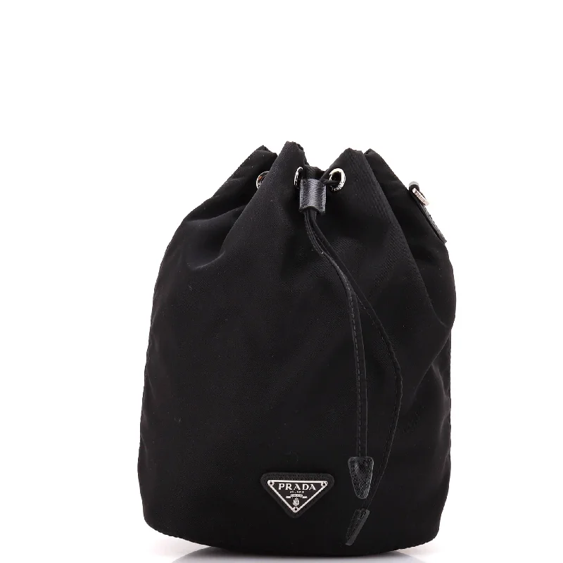 Women's Quilted Bucket Bag in Black with Silver Hardware for a Classic and Timeless StyleDrawstring Wristlet Bucket Bag Tessuto Small