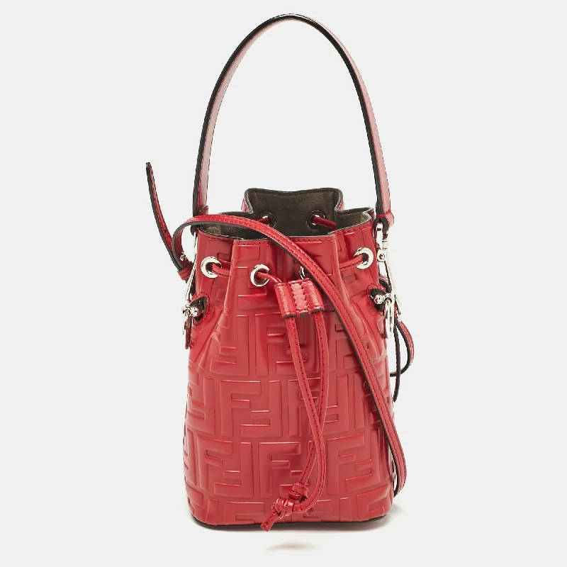 Bucket Bag with Geometric Print in Multicolor for a Contemporary and Eye - Catching AppealFendi Red Zucca Leather Mini Mon Tresor Drawstring Bucket Bag