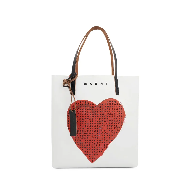 Patchwork Tote Bag in Denim with Vintage - Inspired Designs for a Retro AppealHeart-printed Tote Bag in White/Black