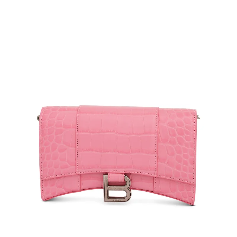 Hourglass Embossed Croco Wallet On Chain in Sweet Pink