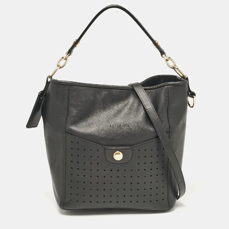 Women's Quilted Bucket Bag in Black with Silver Hardware for a Classic and Timeless StyleLongchamp Black Leather Perforated Mademoiselle Bucket Bag