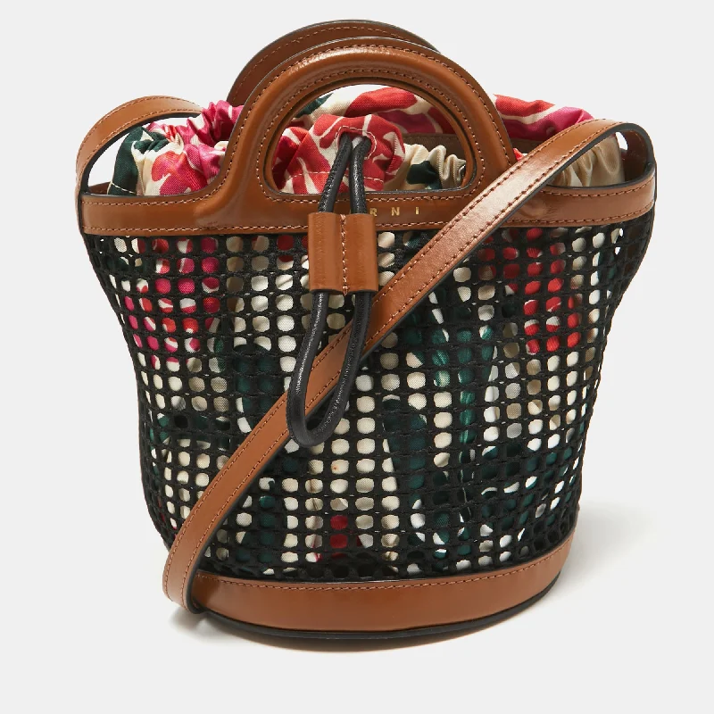 Rattan Bucket Bag in Natural Color with Beadwork for a Tropical VacationMarni Brown/black Leather And Net Bucket Bag