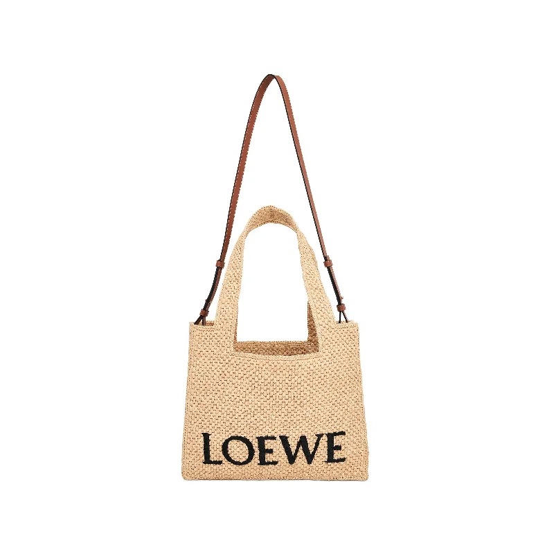 Women's Tote Bag with Magnetic Closure in Orange for Easy Access on the GoMedium Logo Font Tote Bag in Raffia and Calfskin in Natural