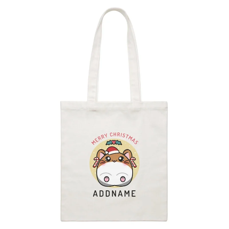 Merry Christmas Cute Santa Boy Hamster with Candy Cane White Canvas Bag