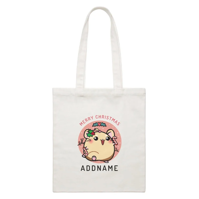 Merry Christmas Cute Santa Mistletoe Girl Hamster with Candy Cane White Canvas Bag