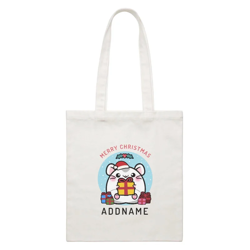 Merry Christmas Cute Santa Boy Hamster with Gifts White Canvas Bag