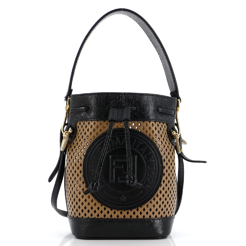 Canvas Bucket Bag in Navy Blue with Striped Interior for a Nautical - Inspired OutfitMon Tresor Bucket Bag Perforated Leather Mini