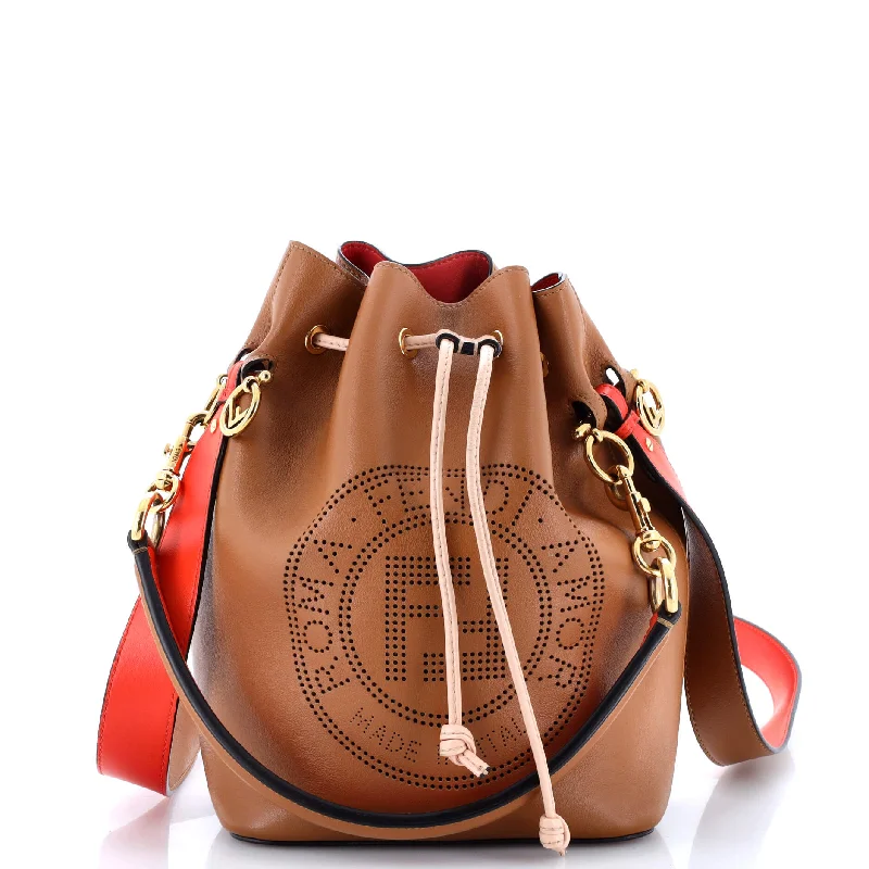 Women's Genuine Leather Bucket Bag in Chestnut Brown with Gold - Tone Hardware for a Sophisticated LookMon Tresor Bucket Bag Perforated Leather Small