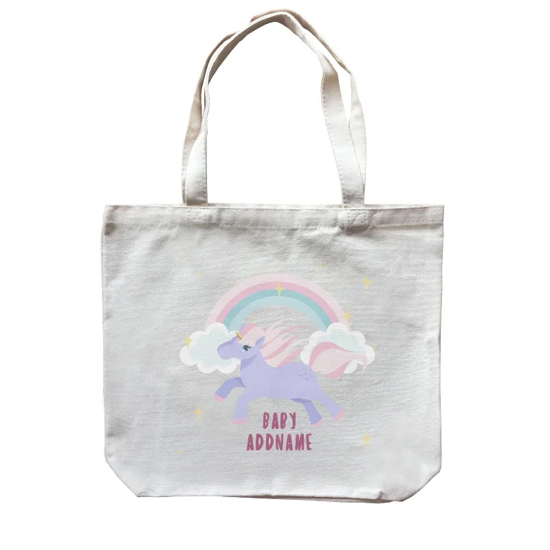 Purple Unicorn Galloping with Rainbow and Baby Addname Canvas Bag