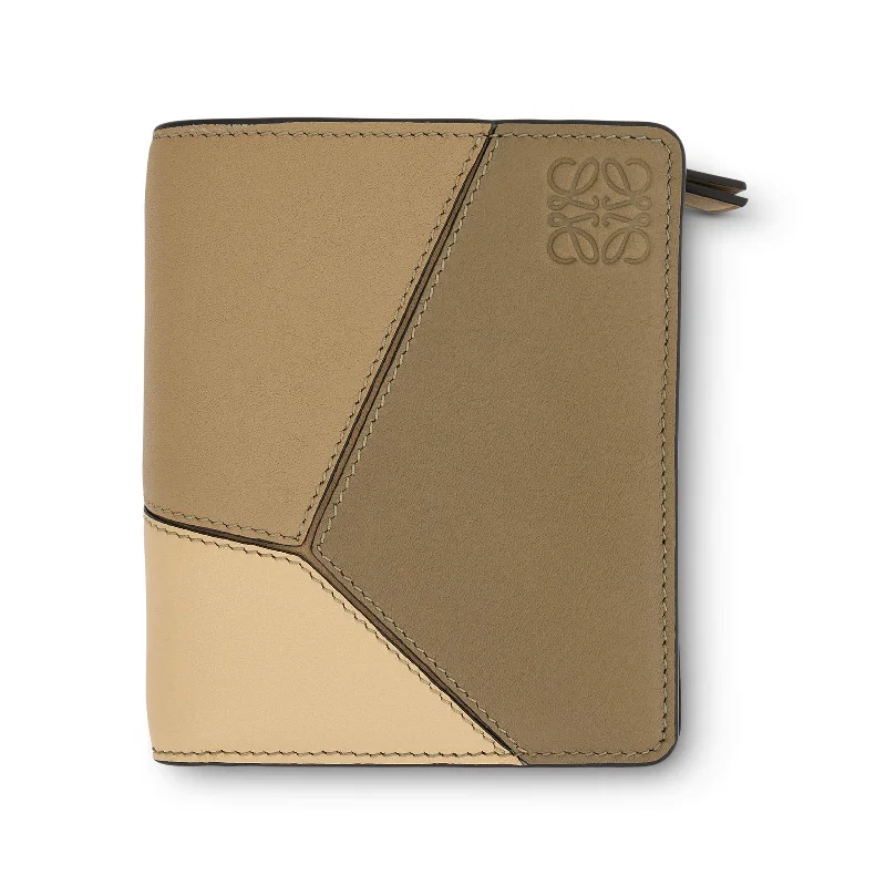 Puzzle Compact Zip Wallet in Classic Calfskin in Clay Green/Butter