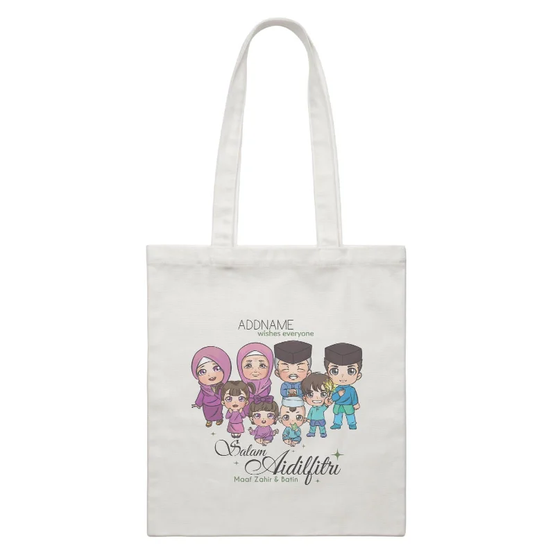 Raya Chibi Big Family Addname Wishes Everyone Salam Aidilfitri Maaf Zahir & Batin White Canvas Bag