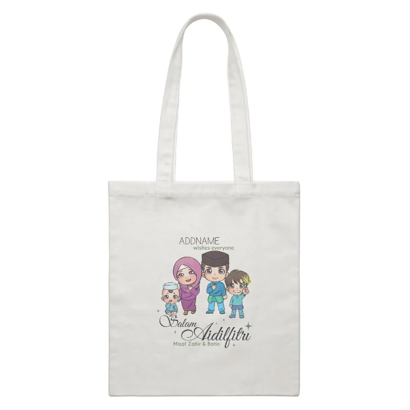 Raya Chibi Family Boy And Baby Boy Addname Wishes Everyone Salam Aidilfitri Maaf Zahir & Batin White Canvas Bag