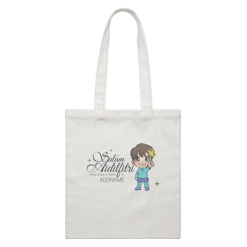 Raya Chibi Wishes Little Boy Addname Wishes Everyone Salam Aidilfitri Maaf Zahir & Batin White Canvas Bag