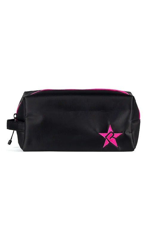 Satin in Black Rebel Makeup Bag with Pink Zipper