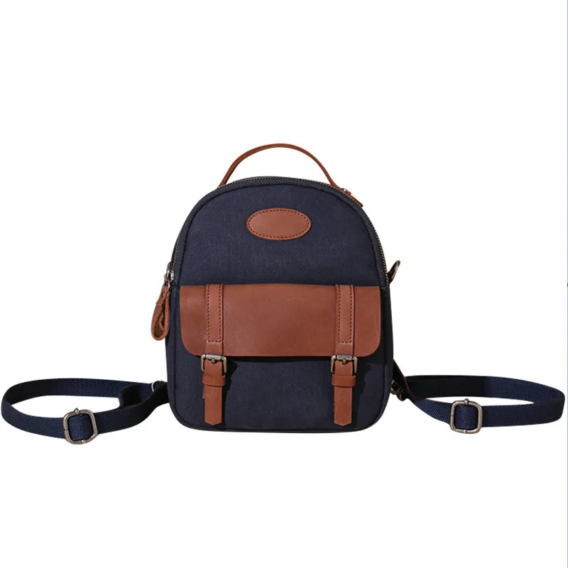 Small Womens Blue Canvas Leather Handbag Rucksack Backpack Purse for Women