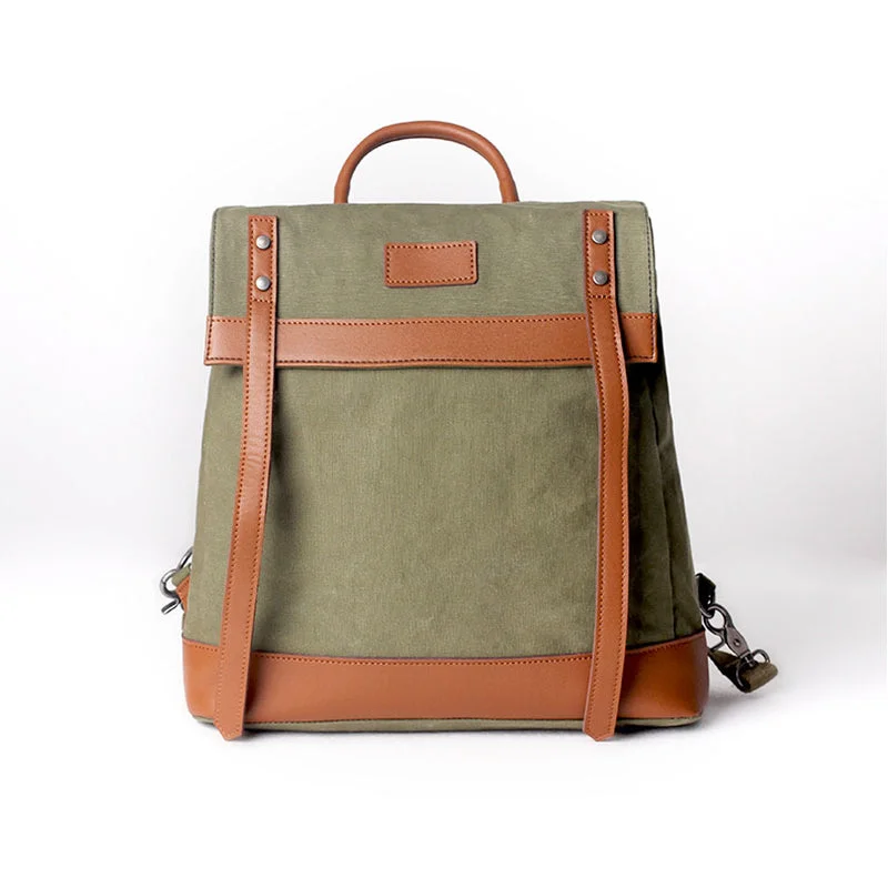 Square Green Canvas Leather Rucksack Travel Backpack Purse Bags for Women