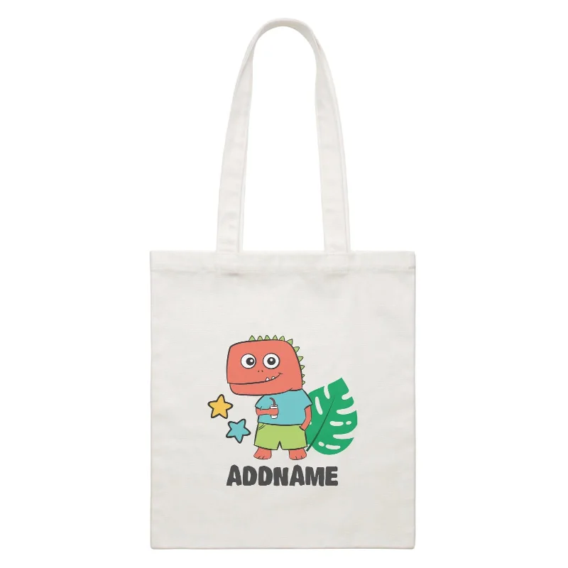 Super Cute Dinosaur Holding Drink White Canvas Bag