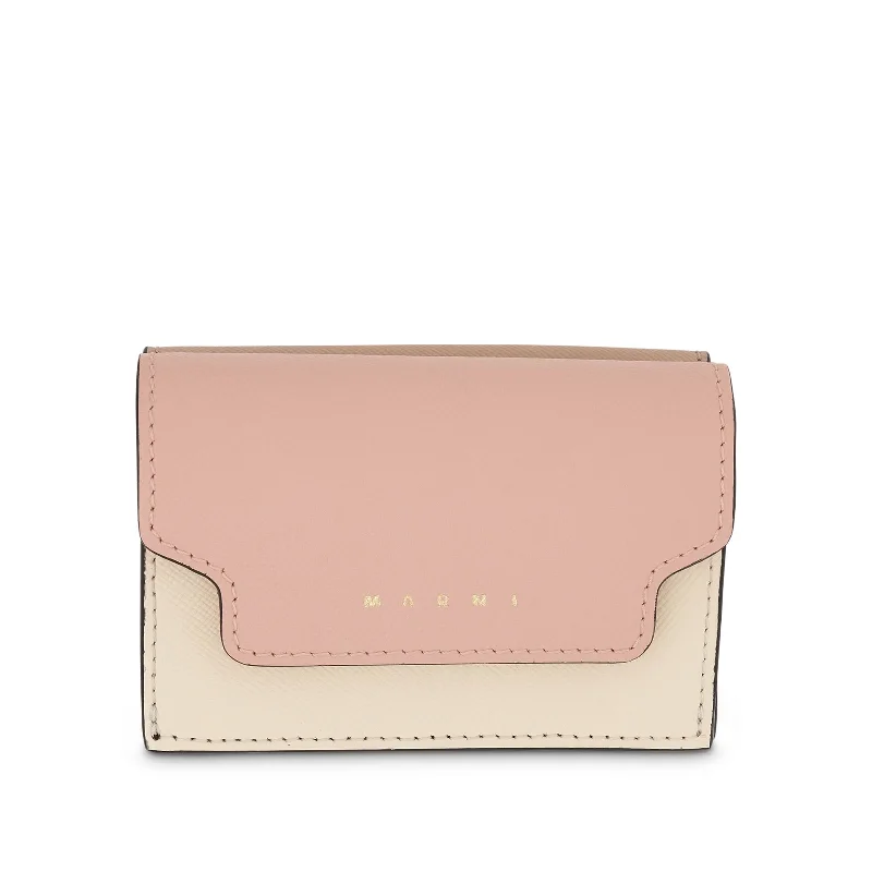 Trifold Saffiano Leather Wallet in Camellia/Talc