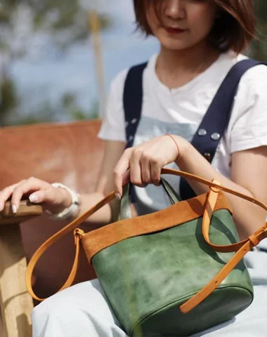 Linen Tote Bag in Natural Beige with Braided Details for a Rustic Summer EnsembleVintage WOmens Green Leather Small Tote Bucket Bag Brown Small Tote Handbags Purse for Ladies