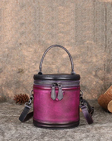 Women's Crossbody Bag with Adjustable Strap in Orange for Customizable ComfortWomens Purple Leather Barrel Handbag Purses Vintage Handmade Round Shoulder Bag Bucket Crossbody Handbag for Women