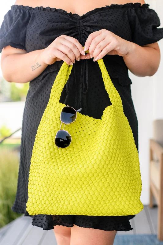 Medium - Sized Canvas Tote Bag in Navy Blue with Striped Pattern for a Nautical - Inspired LookWoven and Worn Tote in Citron