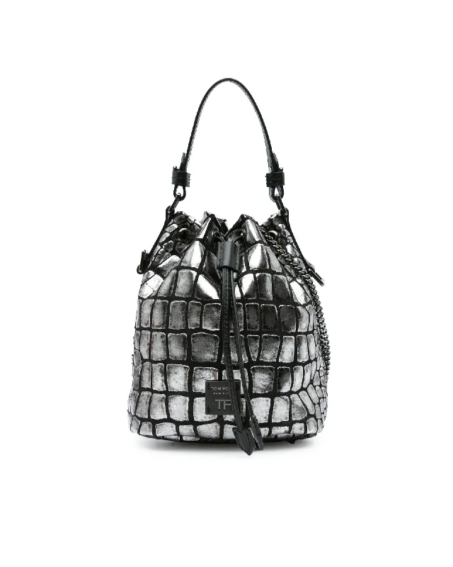 Vegan Leather Bucket Bag in Light Gray for the Ethical FashionistaCroc Embossed Leather Drawstring Bucket Bag