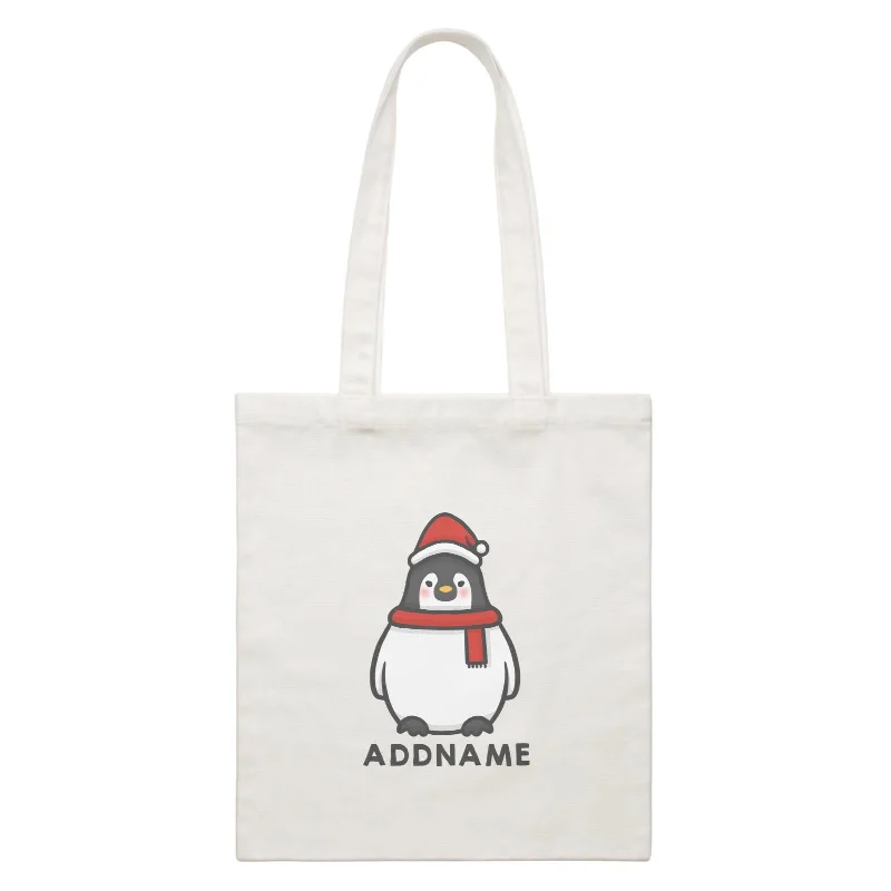 Xmas Cute Pengiun Christmas Hat Addname Accessories White Canvas Bag