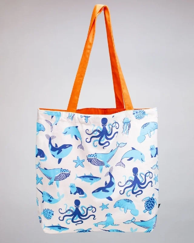 Patchwork Tote Bag in Denim with Vintage - Inspired Designs for a Retro AppealRetro Marine Life Canvas Shoulder Tote