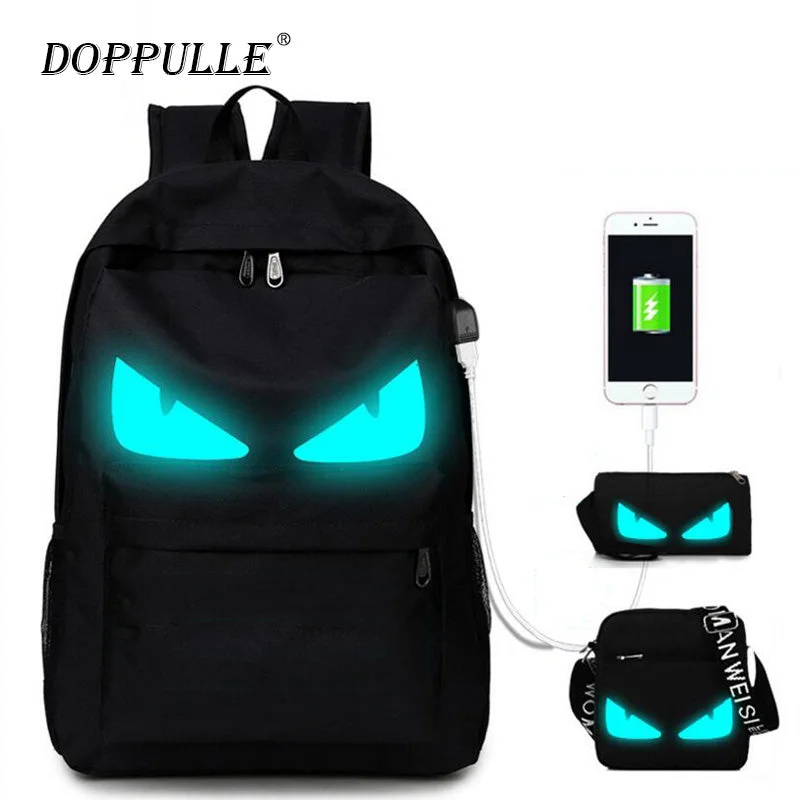 3PCS Womens Man USB Luminous Black Backpacks Oxford School Book Bags Computer Backpack women student bag Large capacity mochila