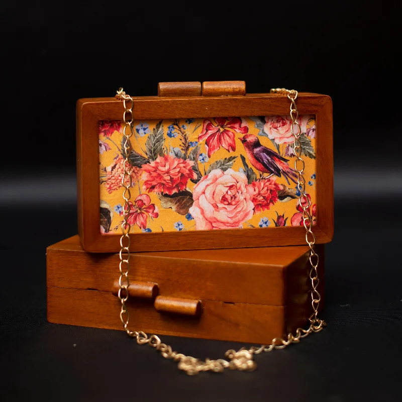 Women's Embroidered Silk Evening Bag in Navy for WeddingsArtklim Bird and Flowers Wooden Printed Clutch