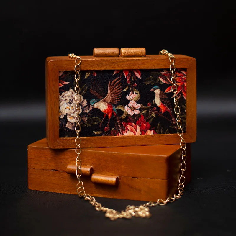 Women's Metallic Leather Clutch in Rose Gold for Valentine's DateArtklim Birds Wooden Printed Clutch