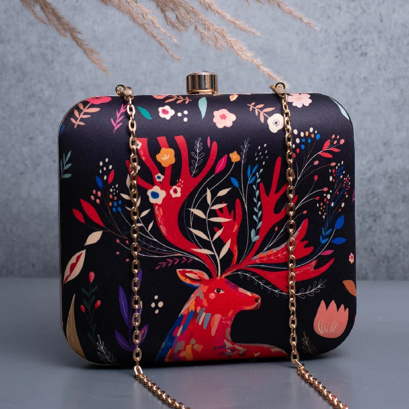 Women's Embroidered Silk Evening Bag in Navy for WeddingsArtklim Black Based Red Reindeer Printed Clutch