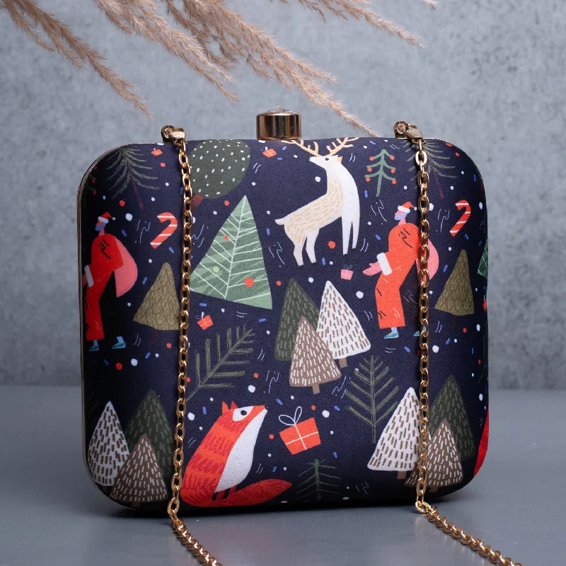 Women's Metallic Leather Clutch in Rose Gold for Valentine's DateArtklim Blue Based Christmas Trees Printed Clutch