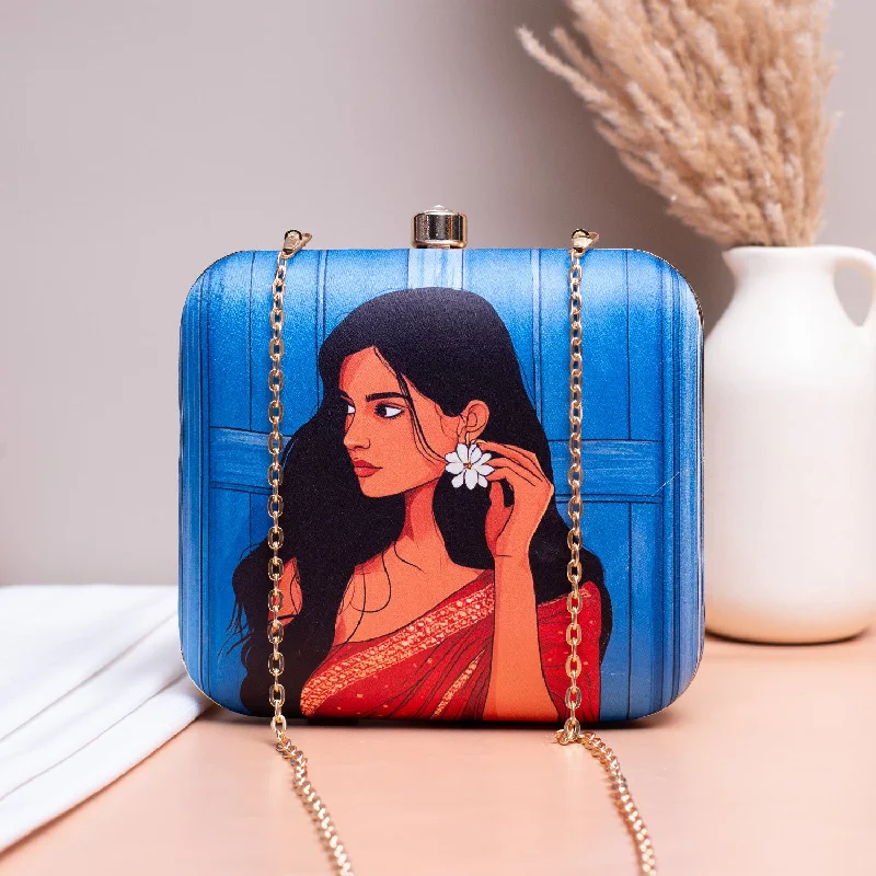 Leather Clutch with Chain Strap in Black for Cocktail PartiesArtklim Blue Based Girl Portrait Printed Clutch