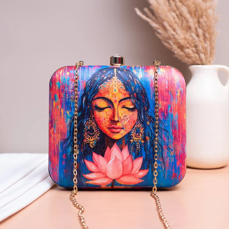 Women's Small Beaded Clutch in Silver for New Year's Eve PartyArtklim Multicolored Indian Woman Portrait Printed Clutch