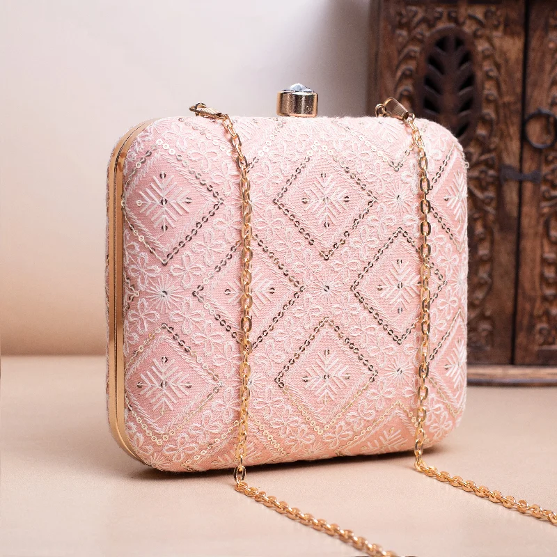 Women's Small Beaded Clutch in Silver for New Year's Eve PartyArtklim Pastel Peach Based Sequins Threadwork Embroidery Clutch