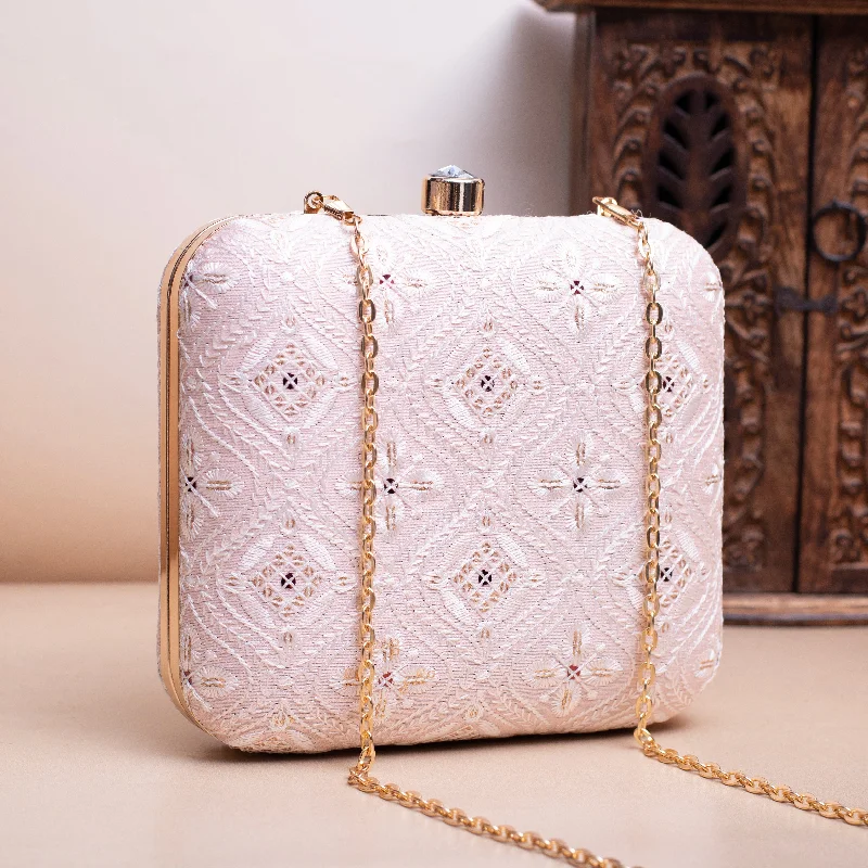 Floral - Printed Satin Clutch in Pink for Spring GalasArtklim Pastel Pink Based White Threadwork Embroidery Clutch