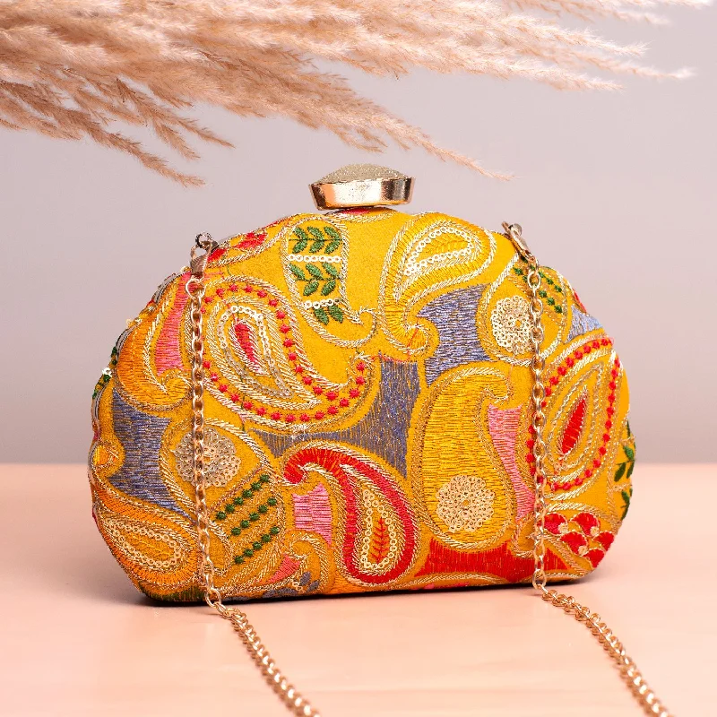 Mirrored Clutch in Silver for Futuristic - Themed GatheringsArtklim Yellow Based Multicolored Threadwork Embroidery Clutch